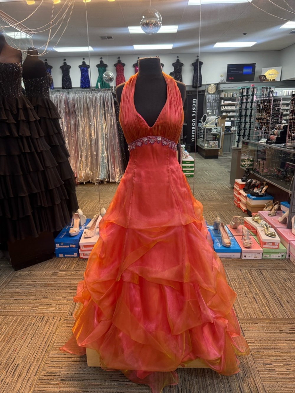 CASSANDRA STONE SZ-4 84368 CORAL HALTER PROM FORMAL PAGEANT DRESS